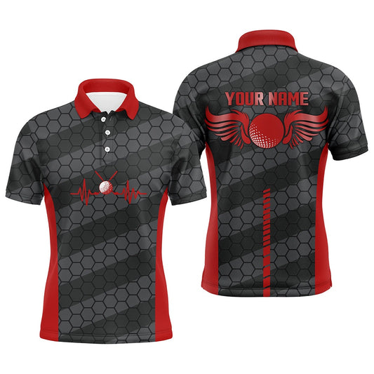 Golf Polo shirts, Red And Black Heartbeat Mens Golf Polo Shirts Personalized Golf Polos For Men, Cool Golf Gifts