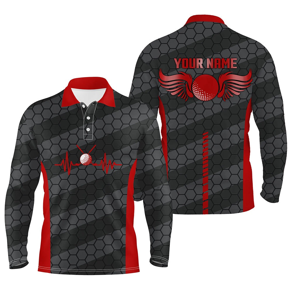 Golf Polo shirts, Red And Black Heartbeat Mens Golf Polo Shirts Personalized Golf Polos For Men, Cool Golf Gifts