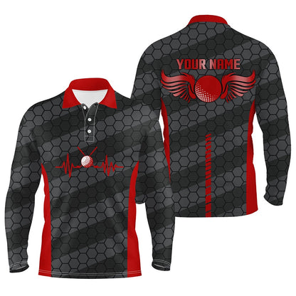 Golf Polo shirts, Red And Black Heartbeat Mens Golf Polo Shirts Personalized Golf Polos For Men, Cool Golf Gifts