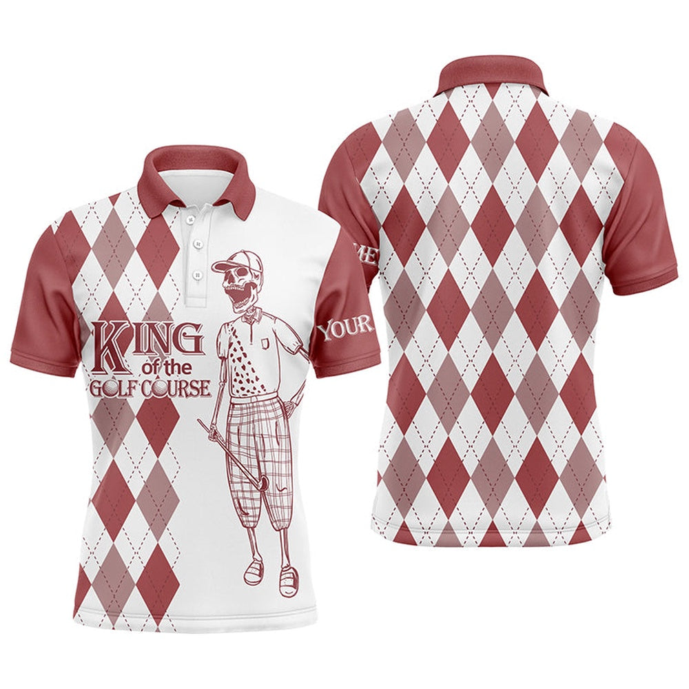 Golf Polo shirts, Red And White Plaid Pattern Golf Polo Shirts Custom King Of The Golf Course Skull Golf Polos For Men