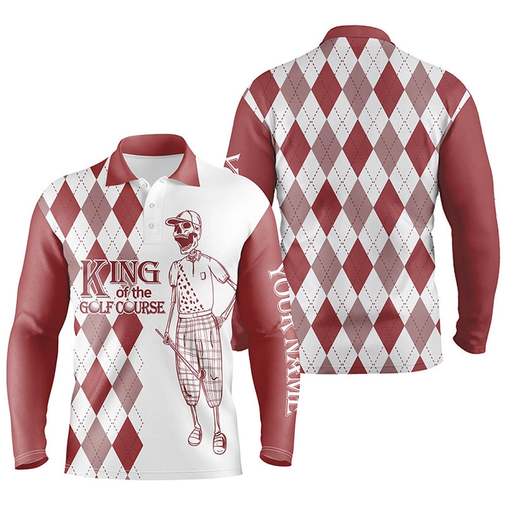 Golf Polo shirts, Red And White Plaid Pattern Golf Polo Shirts Custom King Of The Golf Course Skull Golf Polos For Men