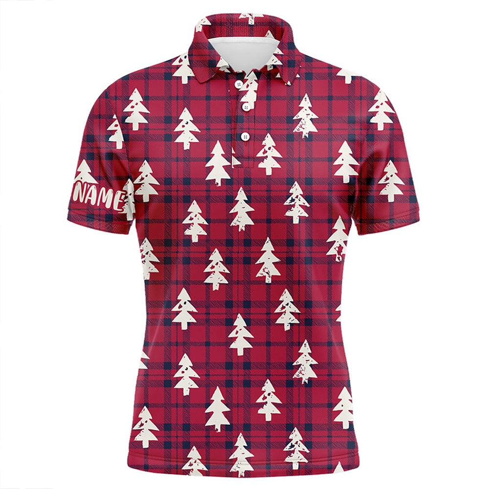 Golf Polo shirts, Red Checker Plaid Christmas Tree Mens Golf Polo Shirt Rustic Vintage Golf Shirts For Men