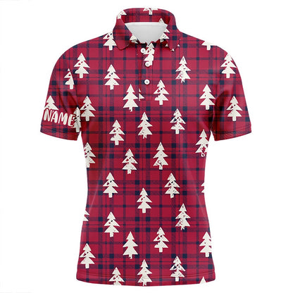 Golf Polo shirts, Red Checker Plaid Christmas Tree Mens Golf Polo Shirt Rustic Vintage Golf Shirts For Men