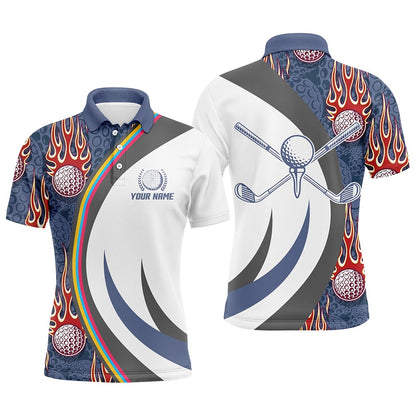 Golf Polo shirts, Red Flame Golf Ball Mens Polo Shirts Blue Custom Name Golf Shirts For Men, Best Golf Gifts