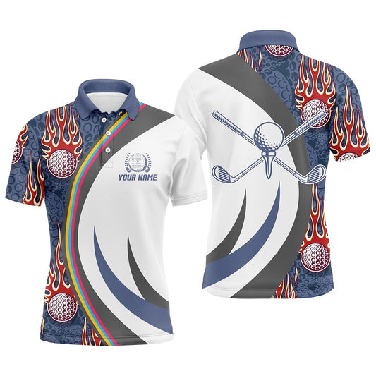 Golf Polo shirts, Red Flame Golf Ball Mens Polo Shirts Blue Custom Name Golf Shirts For Men, Best Golf Gifts