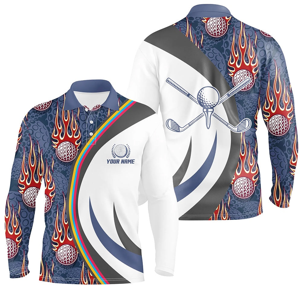 Golf Polo shirts, Red Flame Golf Ball Mens Polo Shirts Blue Custom Name Golf Shirts For Men, Best Golf Gifts