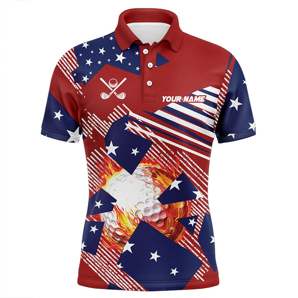 Golf Polo shirts, Red, White And Blue American Flag Flame Golf Ball Custom Mens Golf Polo Shirts For Men