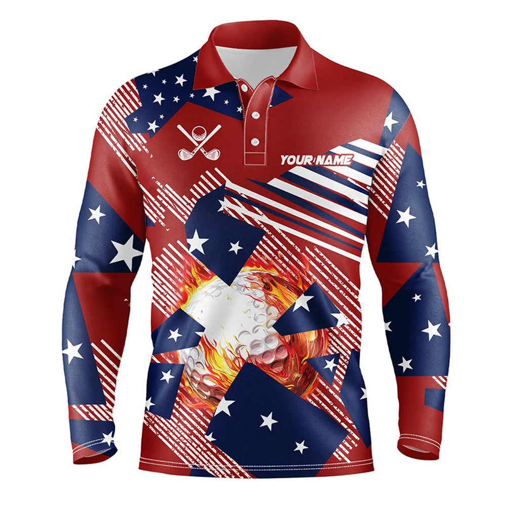 Golf Polo shirts, Red, White And Blue American Flag Flame Golf Ball Custom Mens Golf Polo Shirts For Men