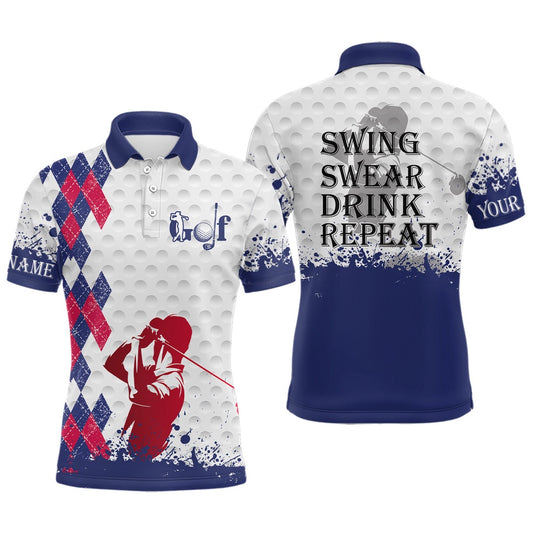 Golf Polo shirts, Red White And Blue Argyle Plaid Mens Golf Polo Shirts Custom Swing Swear Drink Repeat Golf Tops