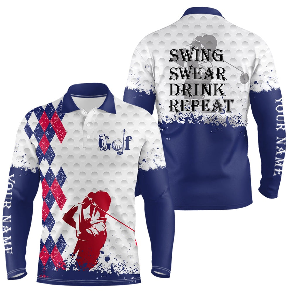 Golf Polo shirts, Red White And Blue Argyle Plaid Mens Golf Polo Shirts Custom Swing Swear Drink Repeat Golf Tops