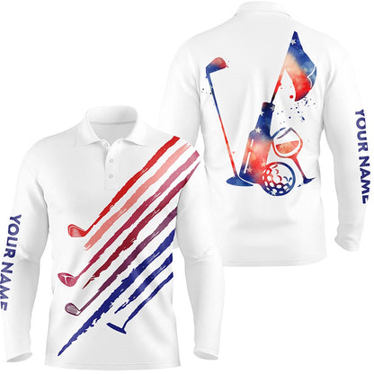 Golf Polo shirts, Red, White And Blue Mens Golf Polo Shirts Custom Vintage Golf Wine Clubs Patriotic Golf Tops For Mens