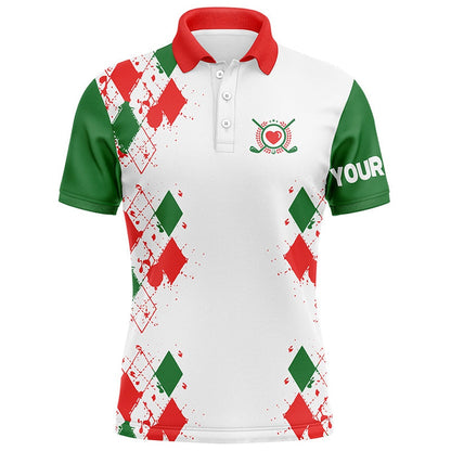 Golf Polo shirts, Red, White And Green Christmas Argyle Pattern Mens Golf Polo Shirts Custom Xmas Golf Tops For Mens