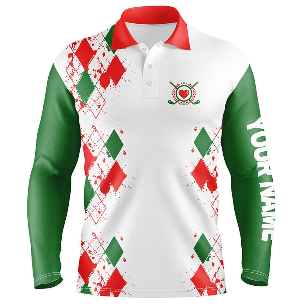 Golf Polo shirts, Red, White And Green Christmas Argyle Pattern Mens Golf Polo Shirts Custom Xmas Golf Tops For Mens