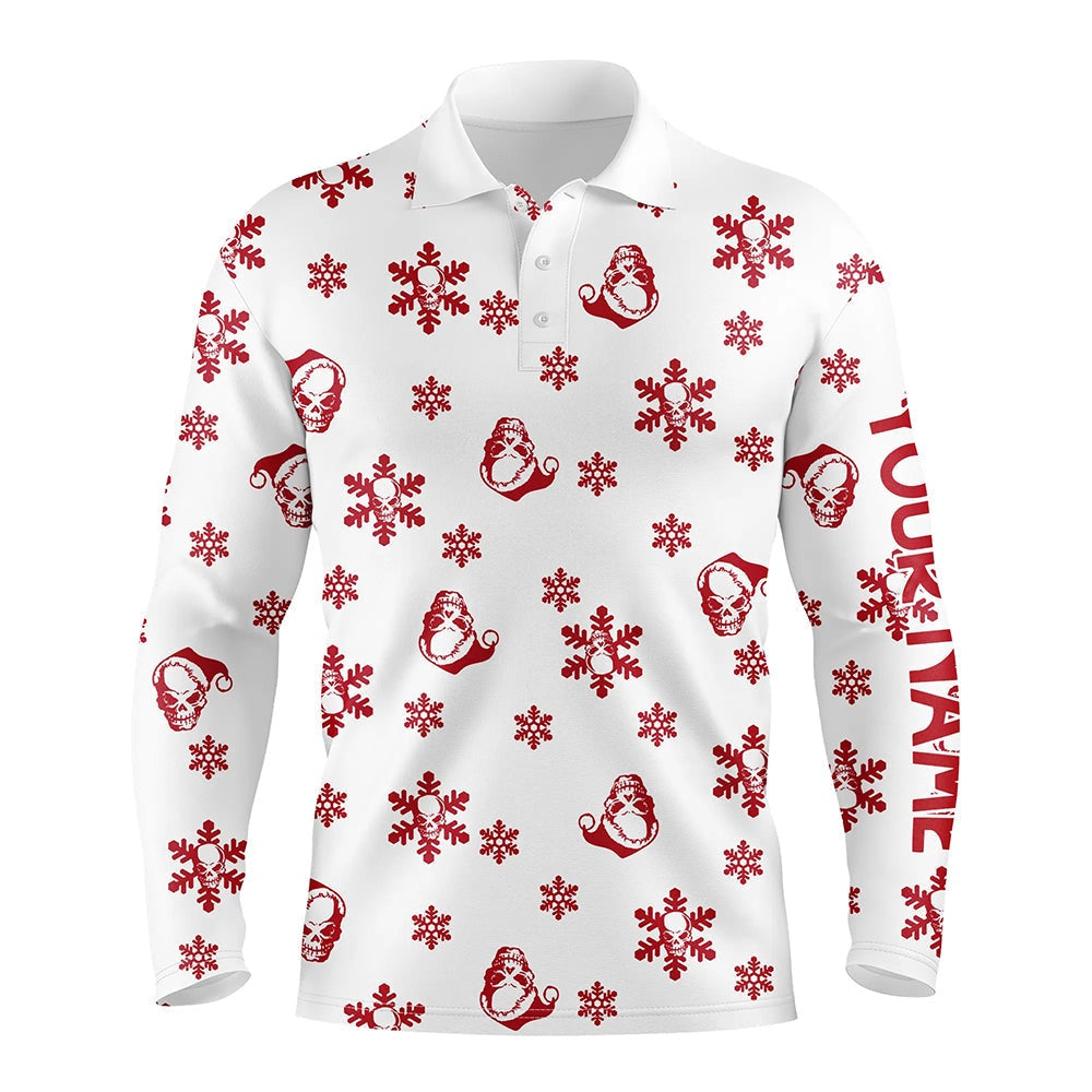 Golf Polo shirts, Red White Mens Golf Polo Shirt Custom Skull Snow Christmas Pattern Golf Shirt For Men