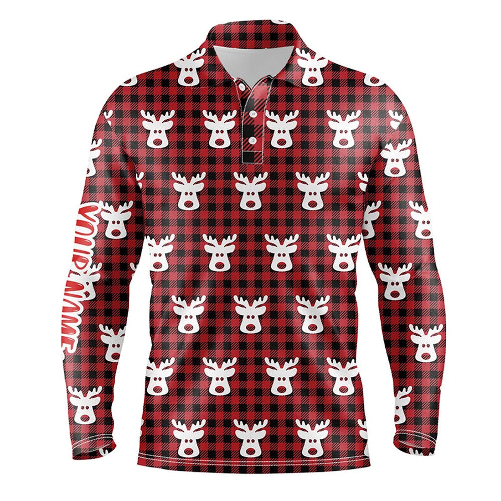 Golf Polo shirts, Reindeer Red Black Plaid Christmas Mens Golf Polo Shirt Golf Shirts For Men Golfer Gifts