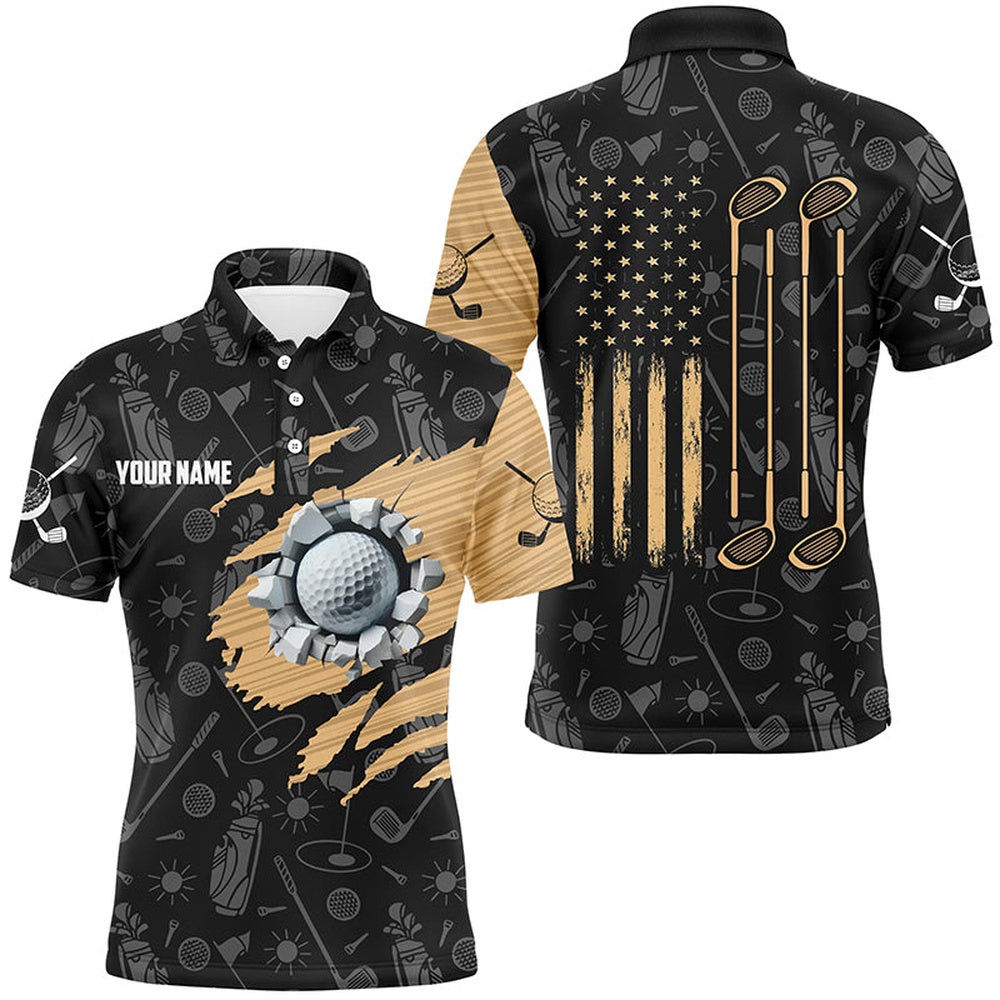 Golf Polo shirts, Retro American Flag Crack Golf Balls Custom Men Golf Polo Shirts, Patriotic Golf Shirts For Men