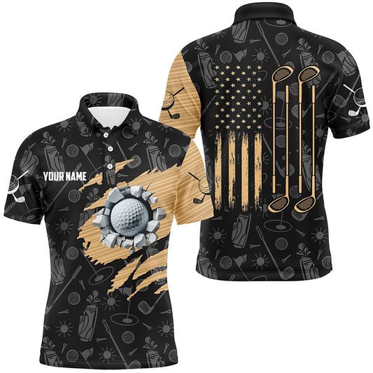 Golf Polo shirts, Retro American Flag Crack Golf Balls Custom Men Golf Polo Shirts, Patriotic Golf Shirts For Men