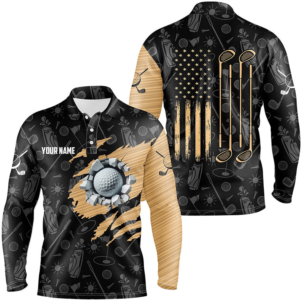 Golf Polo shirts, Retro American Flag Crack Golf Balls Custom Men Golf Polo Shirts, Patriotic Golf Shirts For Men