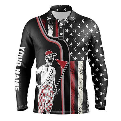 Golf Polo shirts, Retro American Flag Skull Golf Mens Polo Shirts Custom Patriotic Golf Shirts For Men Golf Gifts