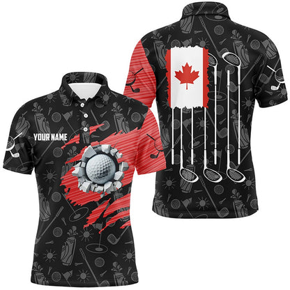 Golf Polo shirts, Retro Canada Flag Crack Golf Balls Custom Men Golf Polo Shirts, Patriotic Golf Shirts For Men