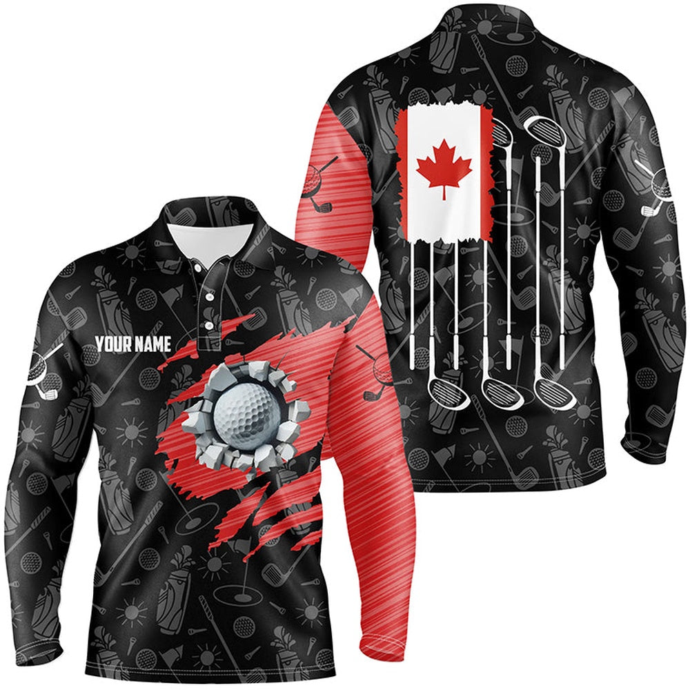 Golf Polo shirts, Retro Canada Flag Crack Golf Balls Custom Men Golf Polo Shirts, Patriotic Golf Shirts For Men