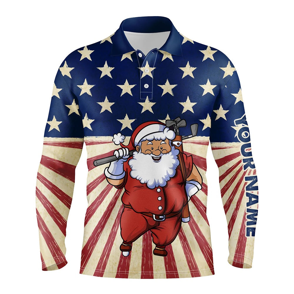 Golf Polo shirts, Santa Christmas Vintage American Flag Mens Golf Polo Shirts Funny Golf Shirts For Men Golf Gifts