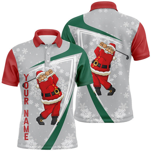 Golf Polo shirts, Santa Playing Golf Christmas Custom Mens Golf Polo Shirt Snowflakes Grey Funny Golf Shirts For Men