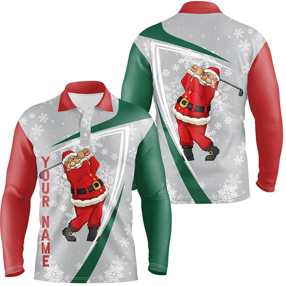 Golf Polo shirts, Santa Playing Golf Christmas Custom Mens Golf Polo Shirt Snowflakes Grey Funny Golf Shirts For Men