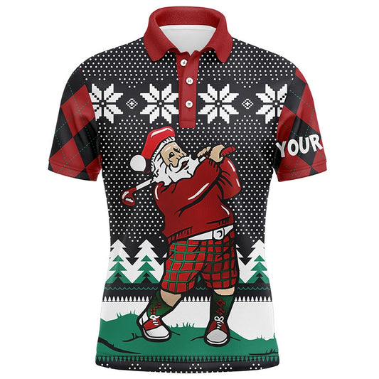 Golf Polo shirts, Santa Playing Golf Ugly Christmas Mens Polo Shirt Custom Argyle Pattern Funny Golf Shirts For Men