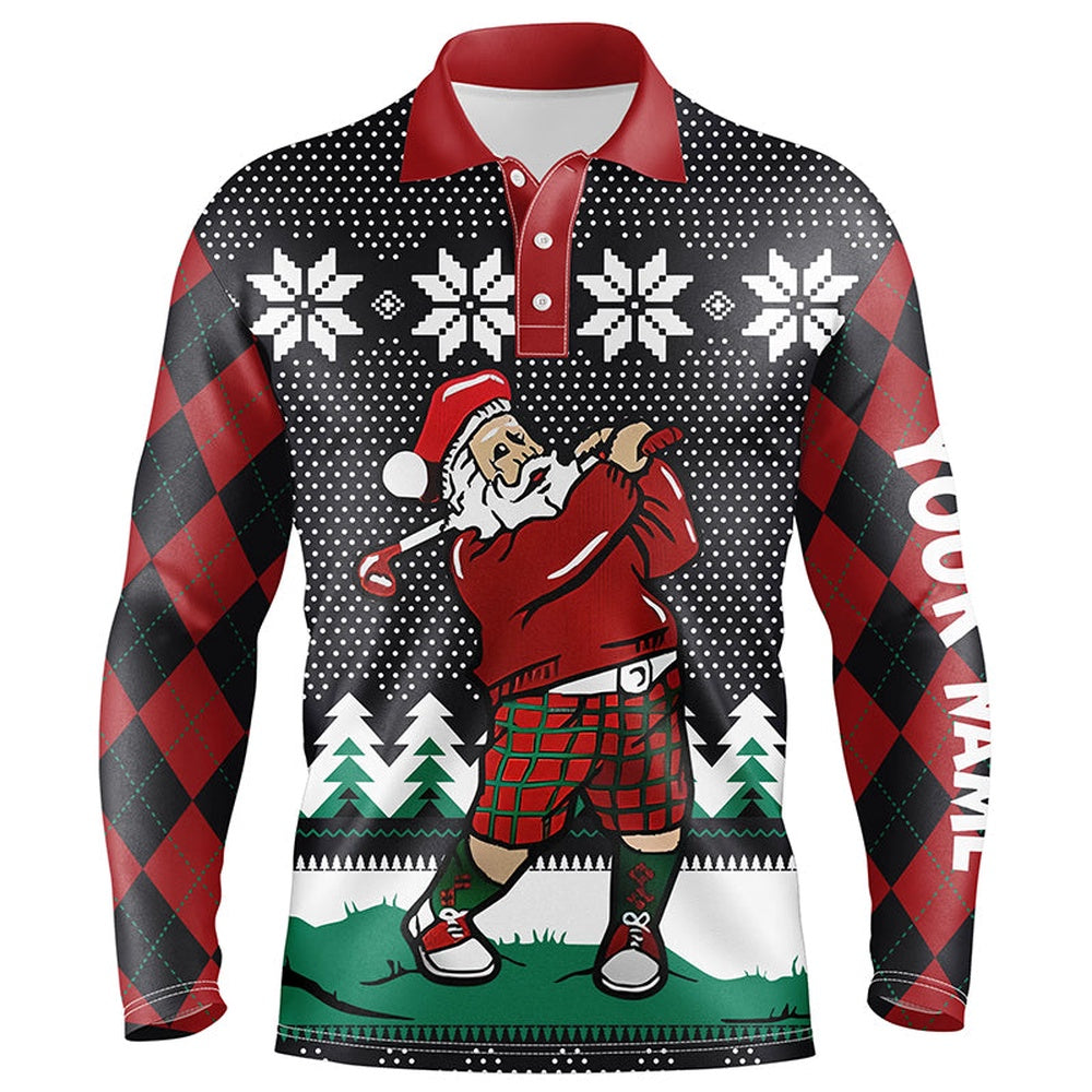 Golf Polo shirts, Santa Playing Golf Ugly Christmas Mens Polo Shirt Custom Argyle Pattern Funny Golf Shirts For Men