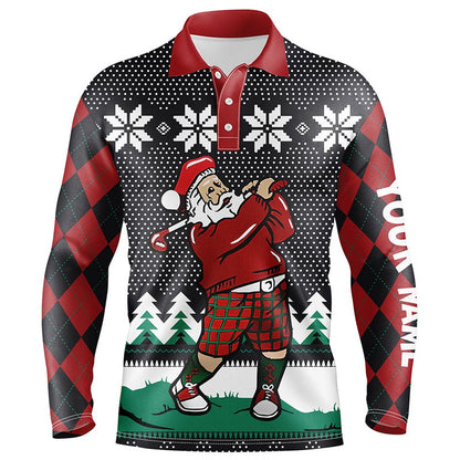 Golf Polo shirts, Santa Playing Golf Ugly Christmas Mens Polo Shirt Custom Argyle Pattern Funny Golf Shirts For Men