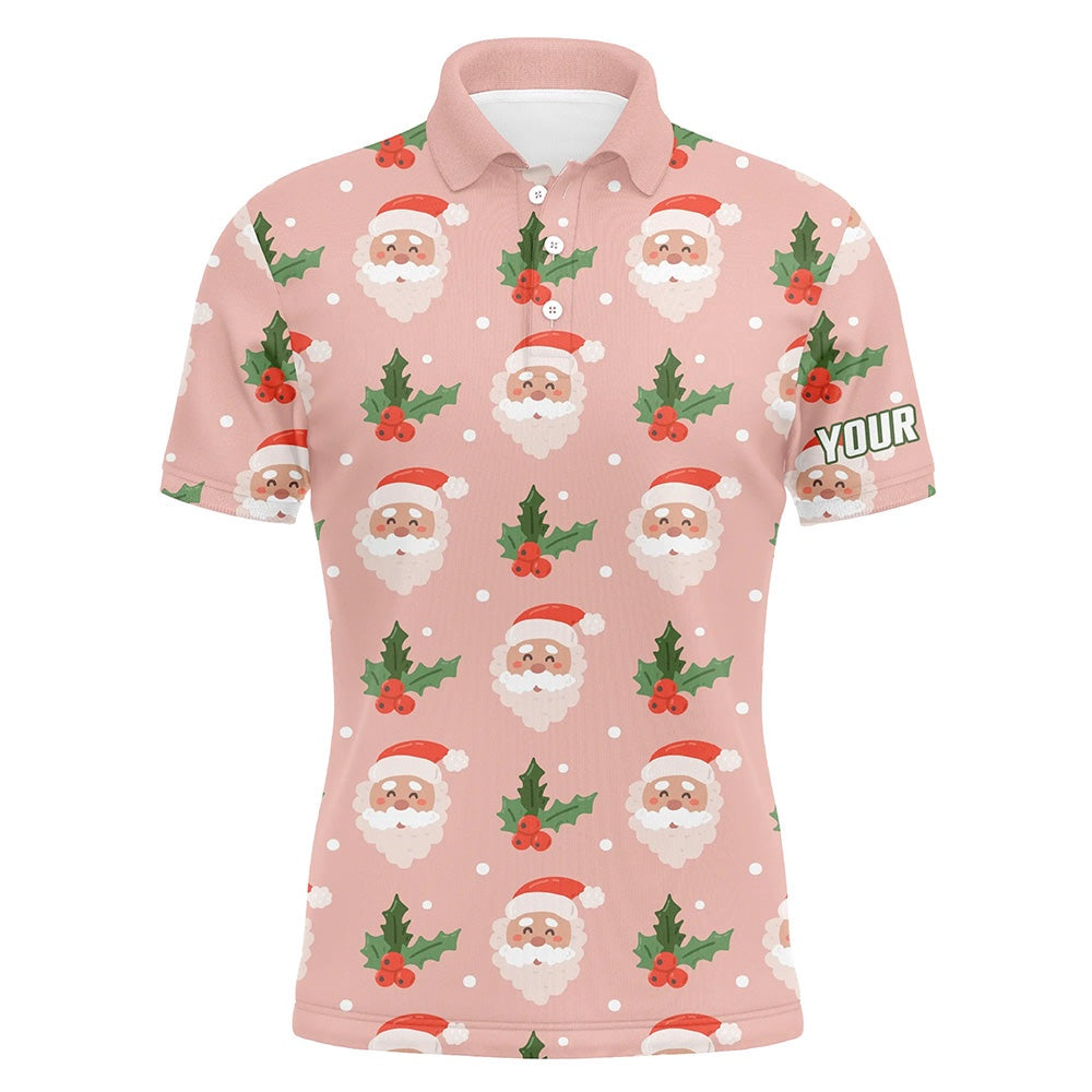 Golf Polo shirts, Santa With Holly On Pink Mens Golf Polo Shirt Custom Cute Golf Shirts For Men Golf Gifts