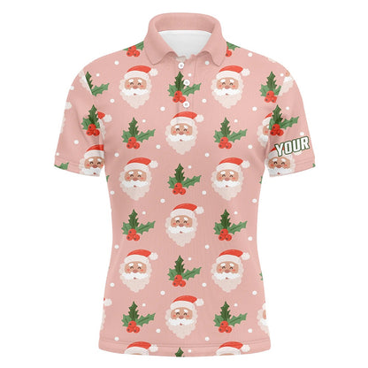 Golf Polo shirts, Santa With Holly On Pink Mens Golf Polo Shirt Custom Cute Golf Shirts For Men Golf Gifts