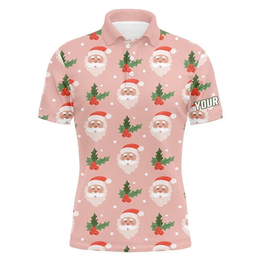 Golf Polo shirts, Santa With Holly On Pink Mens Golf Polo Shirt Custom Cute Golf Shirts For Men Golf Gifts