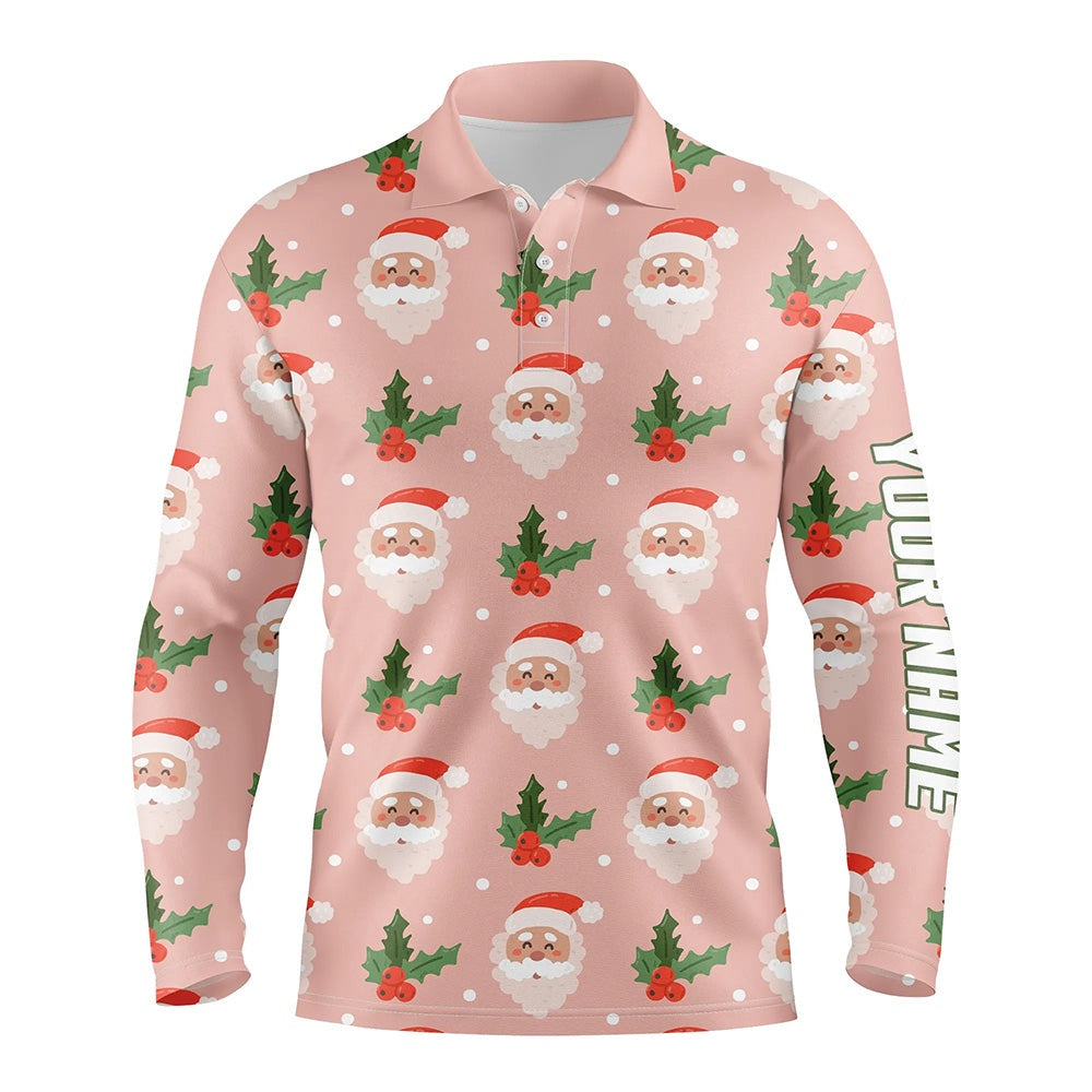 Golf Polo shirts, Santa With Holly On Pink Mens Golf Polo Shirt Custom Cute Golf Shirts For Men Golf Gifts