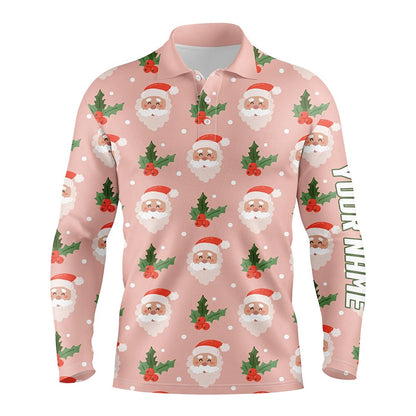 Golf Polo shirts, Santa With Holly On Pink Mens Golf Polo Shirt Custom Cute Golf Shirts For Men Golf Gifts