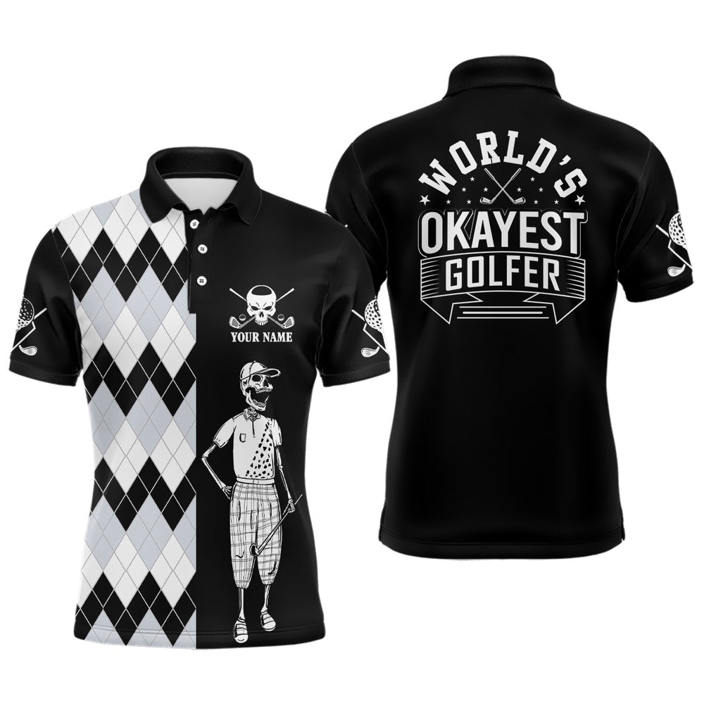 Golf Polo shirts, Skull Funny Golf Custom Name Polo Shirt Black & White Argyle Golf Shirts For Men