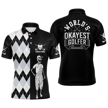 Golf Polo shirts, Skull Funny Golf Custom Name Polo Shirt Black & White Argyle Golf Shirts For Men
