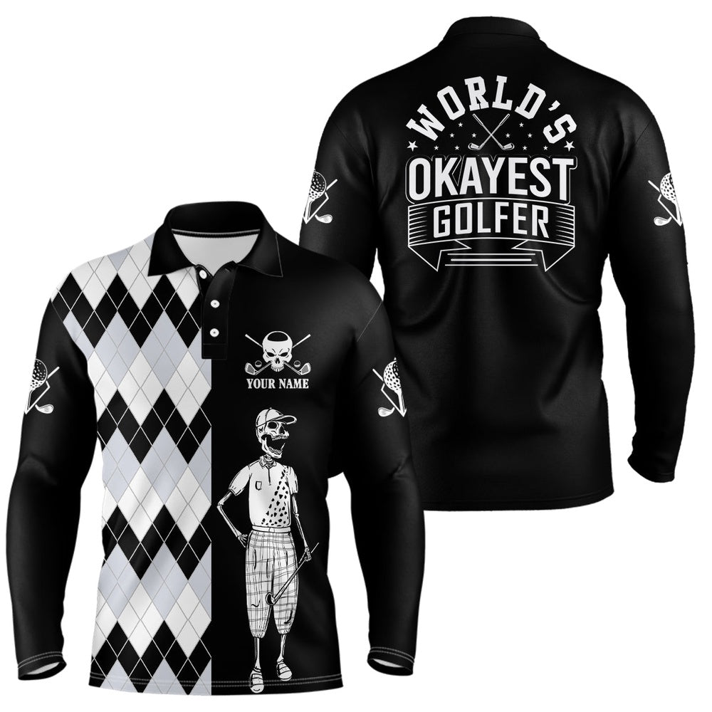Golf Polo shirts, Skull Funny Golf Custom Name Polo Shirt Black & White Argyle Golf Shirts For Men