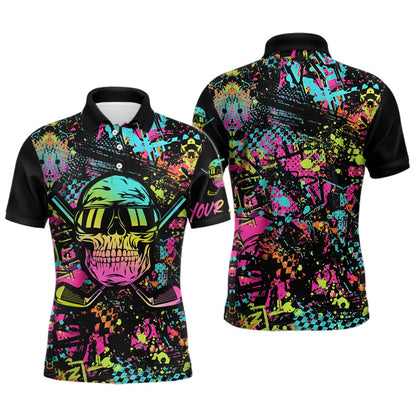 Golf Polo shirts, Skull Graffiti Mens Golf Polo Shirts, Custom Colorful Skull Golf Shirts For Men, Best Golf Gifts