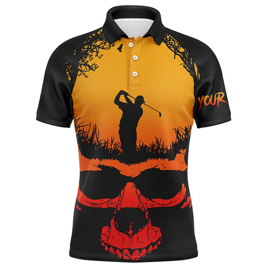 Golf Polo shirts, Skull Playing Golf Halloween Mens Polo Shirts Custom Orange Scary Golf Shirts For Men Golf Gifts