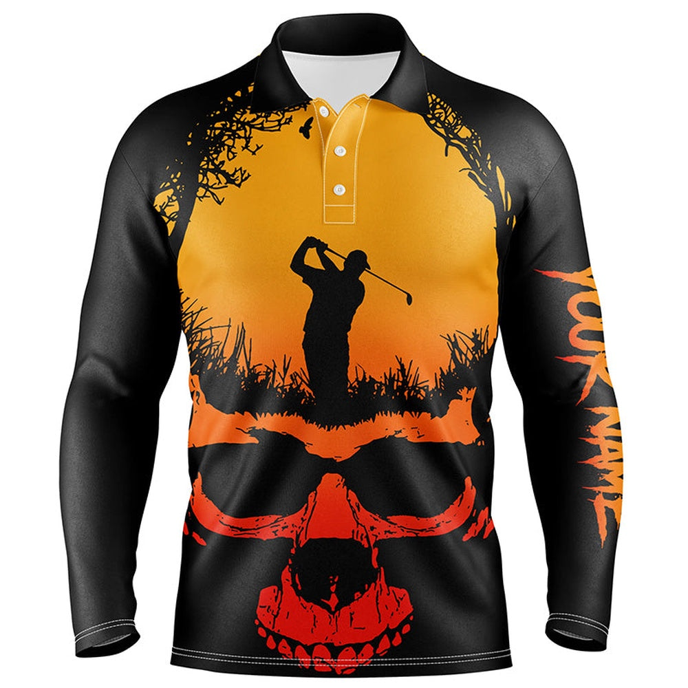 Golf Polo shirts, Skull Playing Golf Halloween Mens Polo Shirts Custom Orange Scary Golf Shirts For Men Golf Gifts