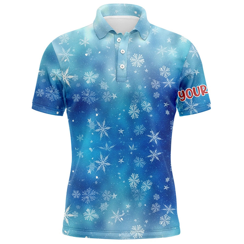 Golf Polo shirts, Snowflakes And Blurred Lights Blue Christmas Golf Men Polo Shirts Custom Golf Shirts For Men