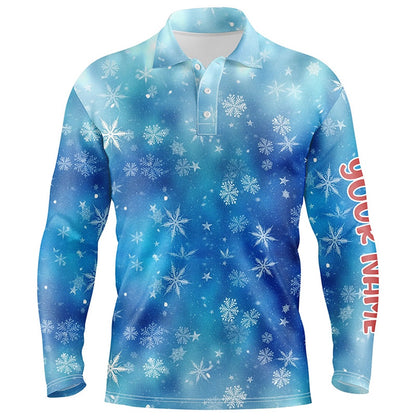 Golf Polo shirts, Snowflakes And Blurred Lights Blue Christmas Golf Men Polo Shirts Custom Golf Shirts For Men