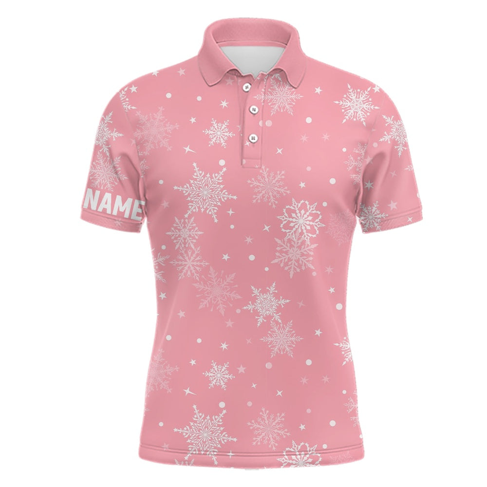 Golf Polo shirts, Snowflakes Christmas Golf Mens Polo Shirt Custom Name Pink Golf Shirts For Men Cute Golf Gifts