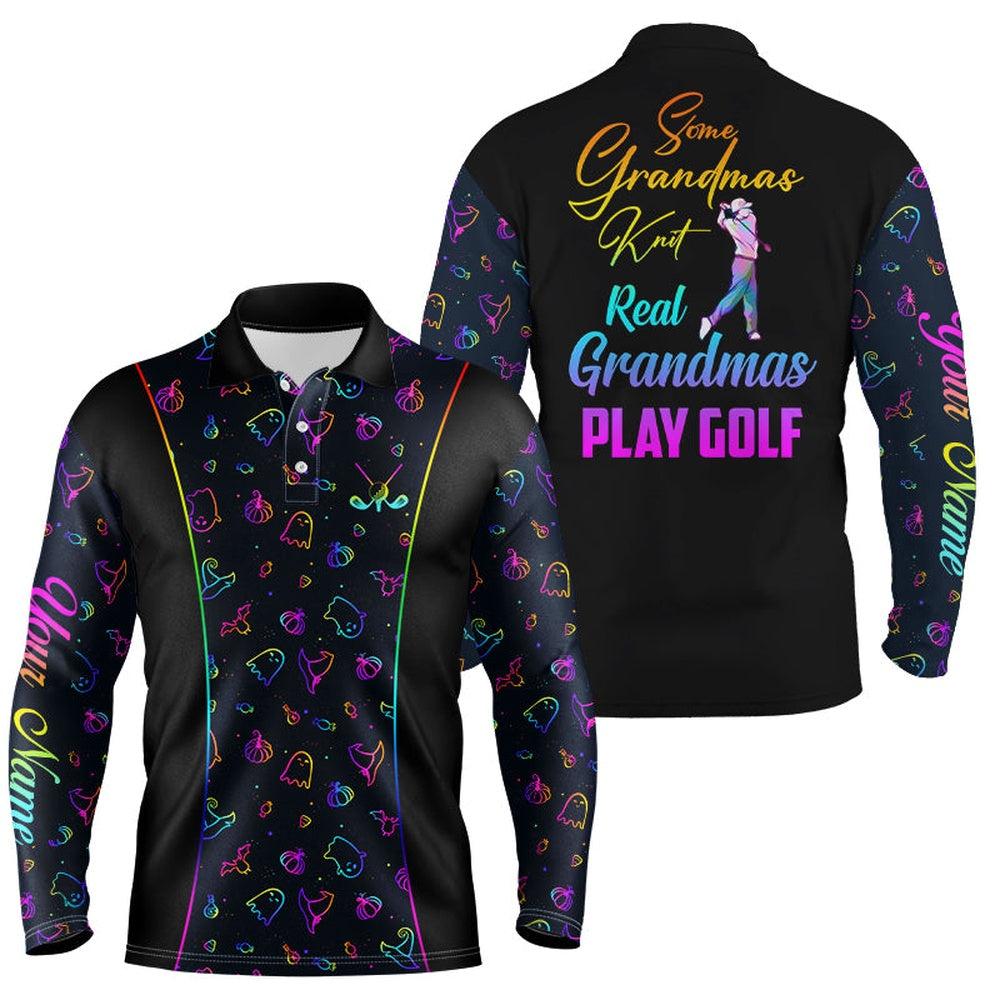 Golf Polo shirts, Some Grandmas Knit Real Grandmas Play Golf Mens Polo Shirt, Colorful Halloween Golf Shirts For Men