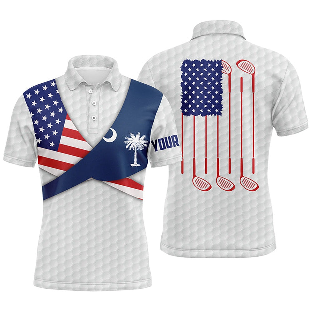 Golf Polo shirts, South Carolina Flag White Golf Pattern Mens Polo Shirt Patriotic Men Golf Shirts Golf Gifts