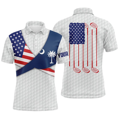 Golf Polo shirts, South Carolina Flag White Golf Pattern Mens Polo Shirt Patriotic Men Golf Shirts Golf Gifts