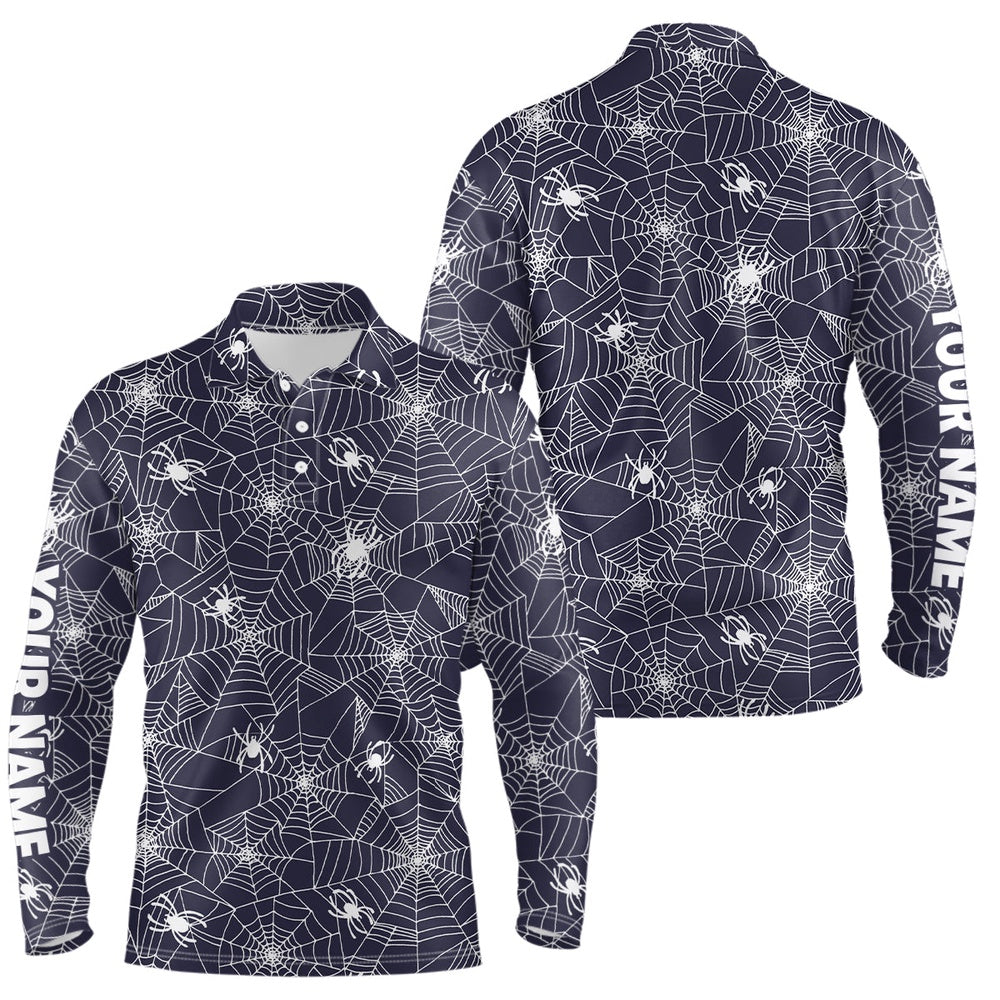 Golf Polo shirts, Spooky White Spiders On Cobweb Navy Halloween Golf Polo Shirts Custom Golf Gifts For Men