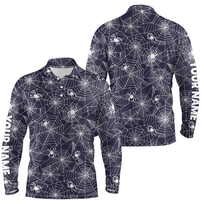 Golf Polo shirts, Spooky White Spiders On Cobweb Navy Halloween Golf Polo Shirts Custom Golf Gifts For Men